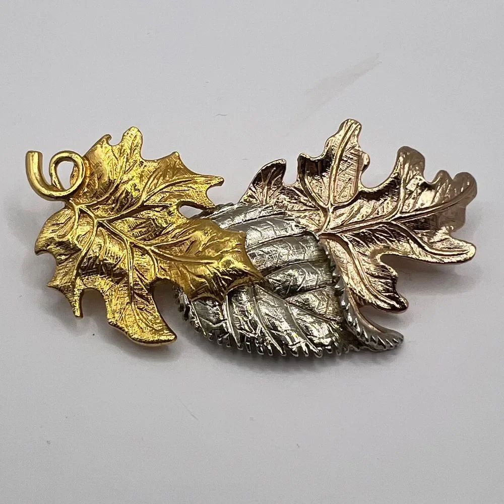 Vintage Tri-Color Autumn Maple Leaves Brooch Pin Fall Nature‎ Jewelry Statement